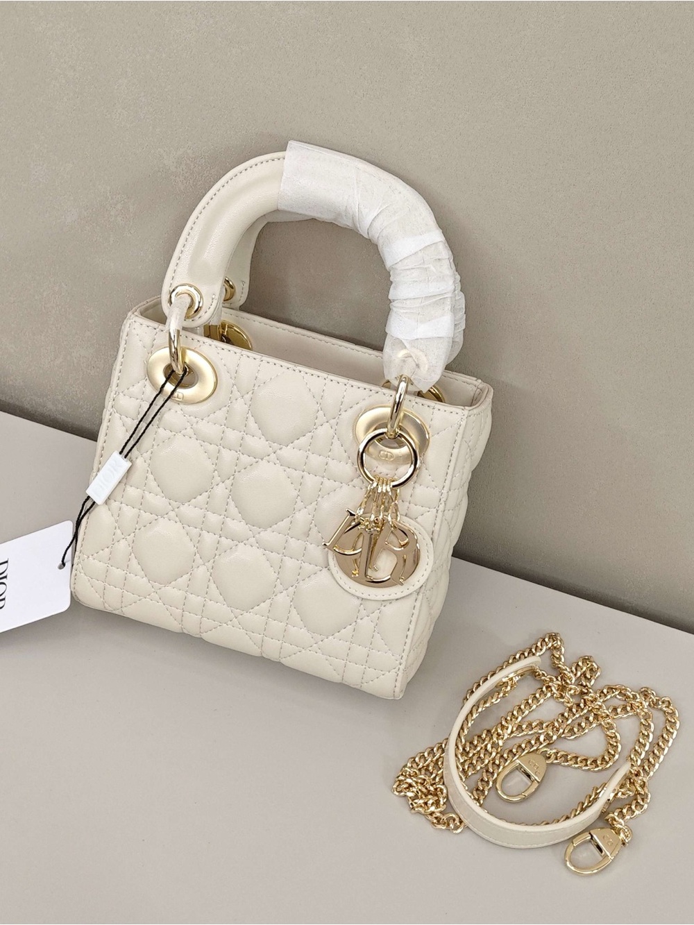 Dior Cream Quilted Mini Top-Handle Bag with Gold Hardware